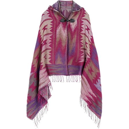 Vintage Rutig Stickad Poncho Dam Kjol med Fransar Sjal Kap med Knapp Cardigan