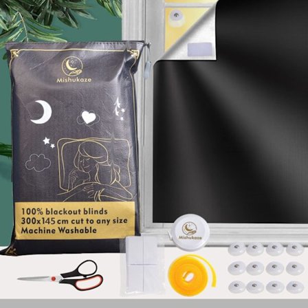 Mørklægningsgardiner uden boring har 12 sugekopper og 20 selvklæbende fastgørelseselementer, 100% midlertidige mørklægningsgardiner 300 x 145 cm til 