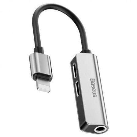 Baseus L52 Adapter Lightning till Dubbla Lightning och AUX 3.5 mm - Silver/Svart