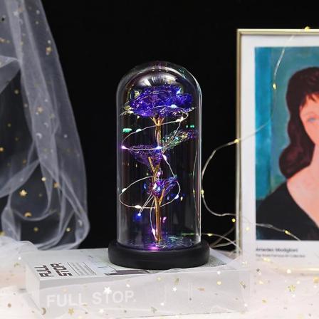 Eviga rosor skönhet och djur ros kit i glaskupol LED-lampor konstgjorda blommor ros gåvor för kvinnor mamma gåva(lila)
