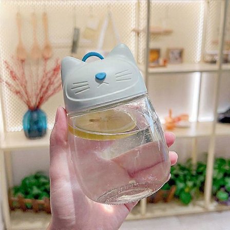 330ml Vattenflaska i Glas med Kattöronlock, Läcksäker, Återanvändbar, Blå