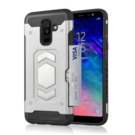 Samsung Galaxy A6 Plus (2018) mobilskal plast silikon kortficka bilhållare - Silver Silvergrå