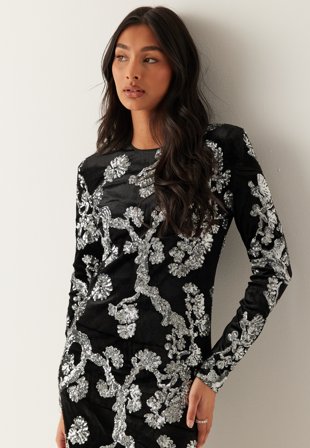 YAS florana Ls Long Dress Black Detail:Sequins Vaatteet