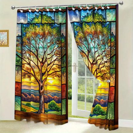 Vandtæt gardin med glasmosaik-vindue, digitalt trykt gardin, kunst, skov, 180x180CM