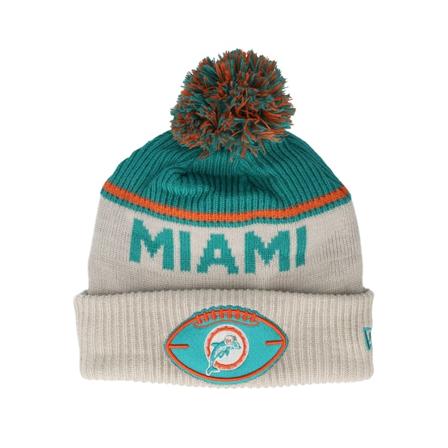 New Era - NFL Beige pom Mütze - Miami Dolphins NFL24 Sideline His Sportknit Stone/Teal Pom @ Hatstore