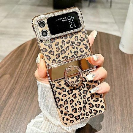 Cover til Samsung Galaxy Z Flip4 5G Leopardmønster Ringholder Rhinestones Hård PC Telefon Cover (FMY) Guld