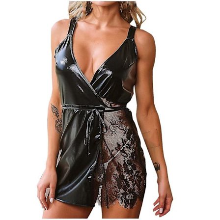 Dammode Sexiga underkläder Läder Splicing Spets Midja Spets Klänning