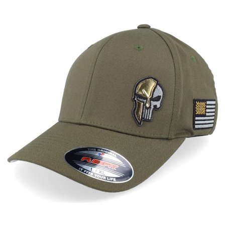 Army Head - Grønn flexfit Caps - Army Skull Usa Gold Patch Olive Flexfit @ Hatstore