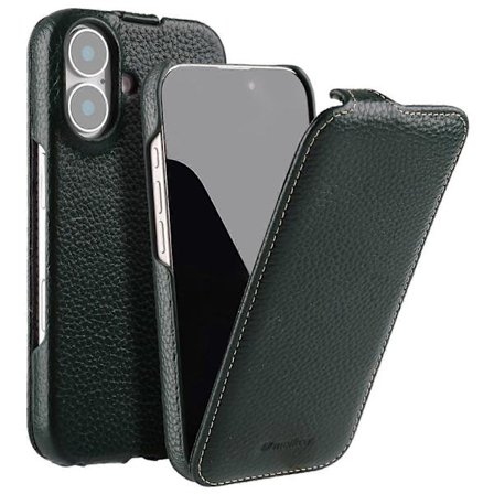 MELKCO iPhone 16 Magnetisk Etui - Vertikal Flip Ægte Koskindslæder+PC Stødsikkert Cover, Grøn