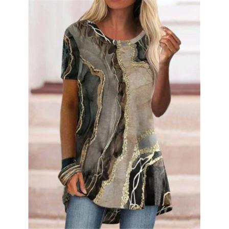 Summer Elegant Women Abstrakt Printed Målning Korta Ärmar T-