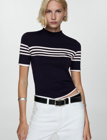 Mango Striped Fine-Knit Sweater - Navy - XS