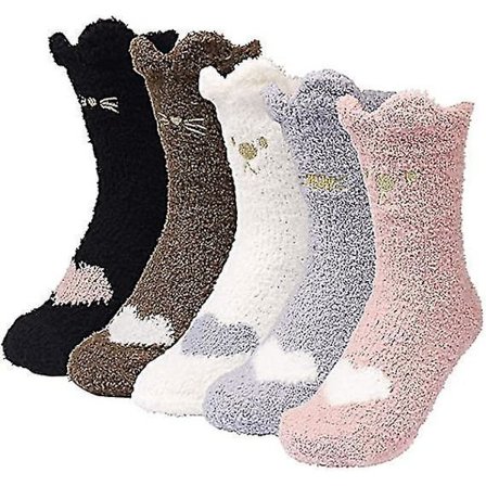 5 Par Kattepote Sokker Antislipp Myke Vinter Dame Koselige Topplapper