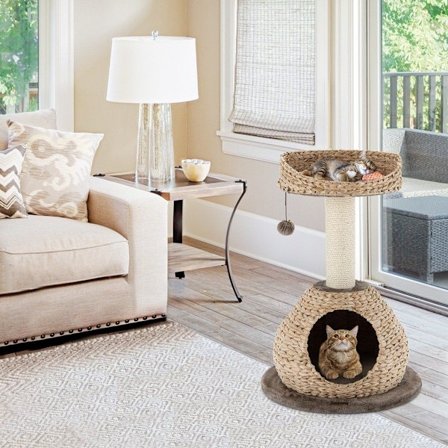 Litet kattträd med grotta & naturlig sisal & handgjord korg φ 48 x 70,5 cm