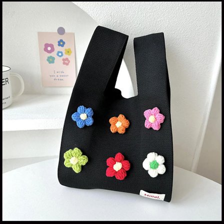 New Cute Colorful Little Flower Knit Handbag Women Mini Knot Wrist Bag Japanese Casual Tote Bag Student Reusable Shopping Bags