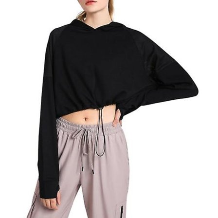 Hoodie dam crop tops med tumhål dragsko långärmad tröja skjorta svart L svart