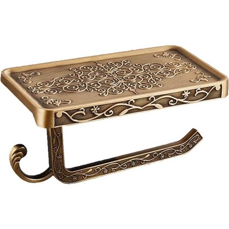 Vintage Udskåret Toiletpapirholder med Hylder, Bronze Finish Aluminium Badeværelsesholder, Væg Dekorativ Rulleholder/Pyntehylde