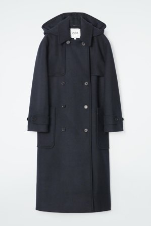 COS Women's Hooded Wool Long Duffle Coat in Blue