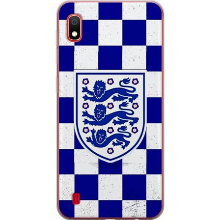 Kompatibel Mobilcover til Samsung Samsung Galaxy A10 Grafisk skakternet mønster i blåt og hvidt med et klassisk heraldisk emblem, retro-inspireret s