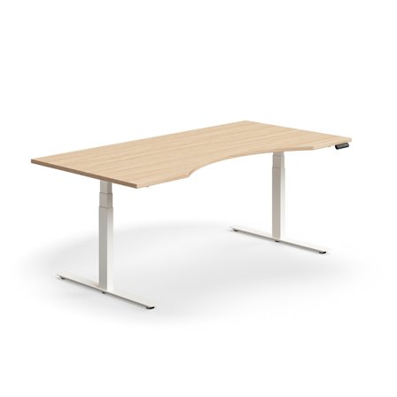Schreibtisch QBUS höhenverstellbar, geschwungen, 2000x1000 mm, Gestell weiß, Eiche