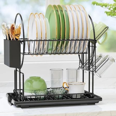 2-Tier Black Dish Drying Rack with Drainboard, Stainless Steel Drainer