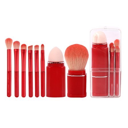 8 st Makeup Brush Set Mjuka Borst Retractable Powder Brush Mini Bärbara Makeup Borstar för Resor Vinröd