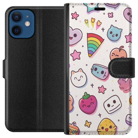 Kompatibel Tegnebogsetui til Apple Apple iPhone 12 Kawaii doodle kollage med søde figurer, frugt, stjerner, hjerter og pastelfarver i en legende teg