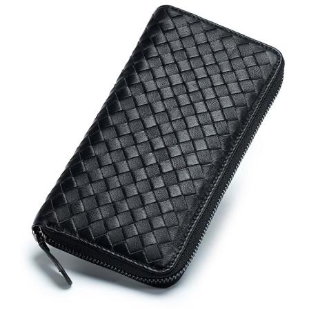 Handgjord Fårskinn Kvinnor Väv Läder Lång Plånbok Handväska Män Stickad plånbok i äkta läder med kortfack Zip Telefon Clutchväska Svart Black