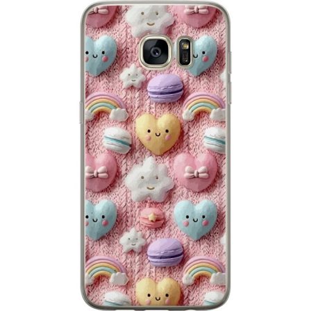Kompatibel Mobilcover til Samsung Galaxy S7 edge Pastelmotiv med hjerter, skyer, regnbuer og macarons mod lyserød baggrund i en sød drømmende stil.