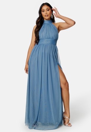 Goddiva Tie Neck Maxi Dress With Split Dusty Blue Klær