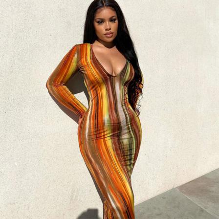 3xl Plus Size Dam Klänning Design Långärmad V-ringad Randig Sex