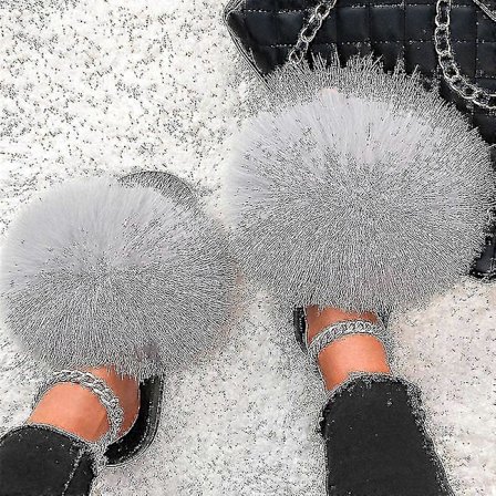 Sommer Pels Slippers Fluffy Søde Plys Damer Flip Flops Luksus Charmerende Sandaler