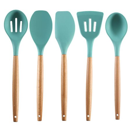 Tarttumaton silikoninen keittiövälinesetti luonnollisella akaasiapuukahvalla, BPA-vapaa, leivonta-, ruoanlaittovälineet