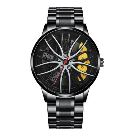 Kvartsklockor för män Vattentät vakuumpläteringsrem med bilhjulsfälgnav Design Sport Automatiskt Icke-mekaniskt armbandsur MB354 Yellow Silver