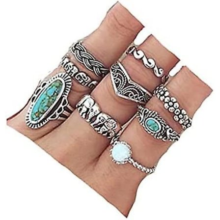 9 st Turkos Ringset för Kvinnor Knuckle Vintage Ringar Pack för Kvinnor Flickor Bohemiska Ringar Silver Led Knuten Ringar Set för Tonåringar Halloween