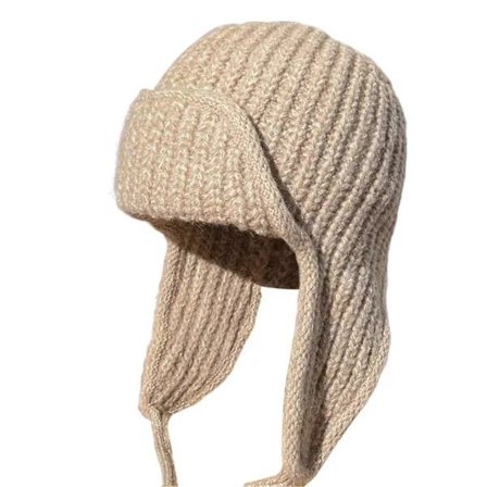 Strikket hue med øreklapper til kvinder, superblød, ensfarvet, tyk, vindtæt, varm vinterhue i strikket design