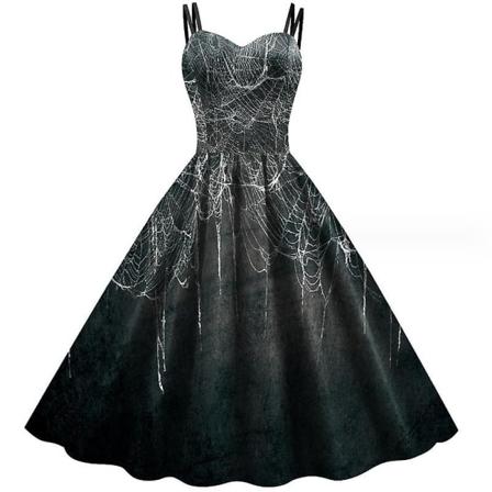 Halloween kjole Dame V-hals Print Kjole Vintage Sløjfe Bælte Cocktail Kjole Fall Baggy Midi kjoler COLOR 2 L