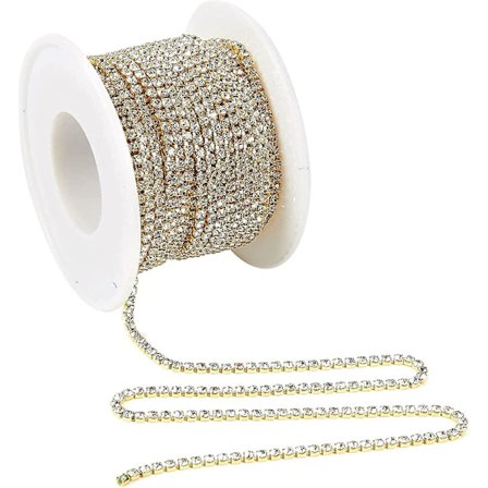 10 meter 2mm Rhinestone-kjede, gullfarget pyntestrips for DIY-smykkefremstilling, håndverkssko-pynt (gull)