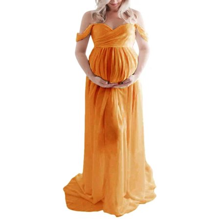 Gravid Lang Kjole Off Shoulder Elegant Stilfuld Løs Fald Kjole til Gravid Kvinde til Brudeforretning Fotografering Ginger L 1[pl]