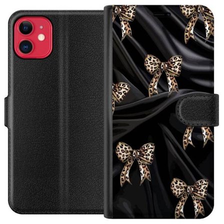 Kompatibel Tegnebogsetui til Apple iPhone 11 Leopardmønstrede bånd på sort silkebaggrund, luksuriøst mønster med glamour, eksklusiv stil og trendy des