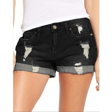 Rippade jeansshorts för damer, stretchiga shorts med vikt fåll --- Svart (Storlek XXL)