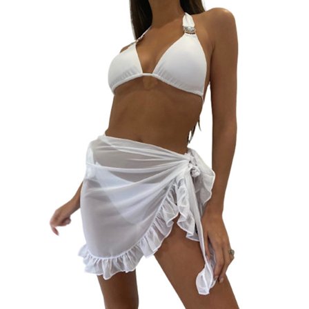 Tynne Mini Skjørt med Volanger i Mesh Dame Cover Up Duskkjole Bikini Badeskjørt Dame Badedrakt Strandklær Wrap