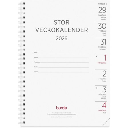 Burde Stor Veckokalender refill 2026 - Lyreco - Almanackor och kalendrar - Veckokalendrar - Stora veckokalendrar