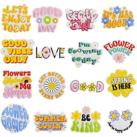 16 stk Positive Stryke-på-lapper, Søt Broderi Applikasjonslapp, Søte Dekorlapper for Ryggsekker Estetikk Applikasjoner,Broderte Sy På/Stryke på Lapp