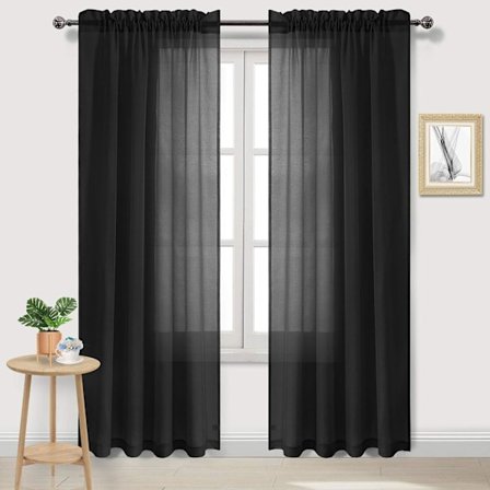 Svarte, lette gardiner, halvtransparente gardiner for soverom og stue, 137 x 213 cm lange, 2-pakning-FA-