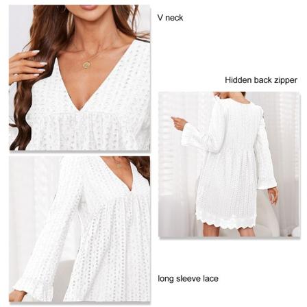 Kvinnors klänning, enfärgad med spets, V-ringning, långa ärmar, med fickor för hemmakontor, vit, XL