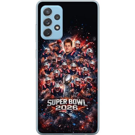 Yhteensopiva Puhelinkuori Samsung Galaxy A72 5G Super Bowl 2026 juliste, jossa New England Patriots ja NFL-mestaruuspalkinto räjähtävän urheilullisess