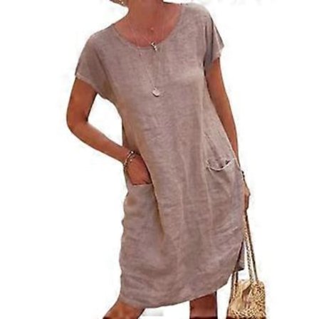 Kvinner Hawaiian Kjole Bomullslin Kjole Casual Korte Ermer Rund Hals Stor Swing Kjole Shorts Elegant (S Khaki)