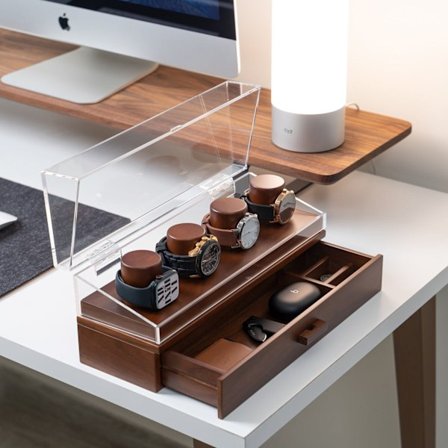 Kellolaatikko miehille, kellojen säilytyslaatikko 4 lokerolla, kellolaatikon järjestäjä laatikolla, kellonäyttökotelo, parhaat lahjat hänelle