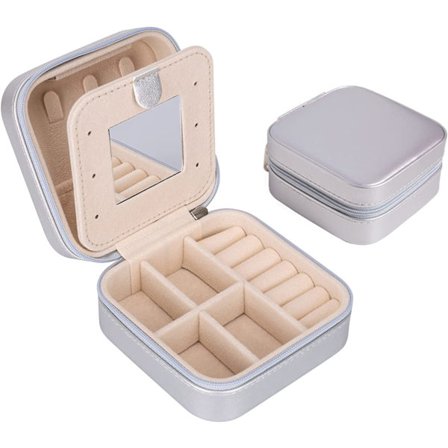 Mini bærbar smykkeskrin (sølv) - Dobbelt lag lærreise