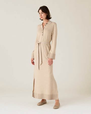 Lexington Gestricktes Polo-Kleid mit Gürtel, beige meliert
